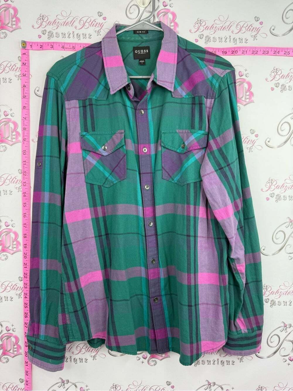 GUESS shirt slim fit Green & Purple Plaid Snap-Front Button Shirt